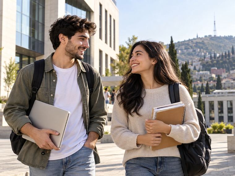 Two international students walking on a university campus in Tbilisi